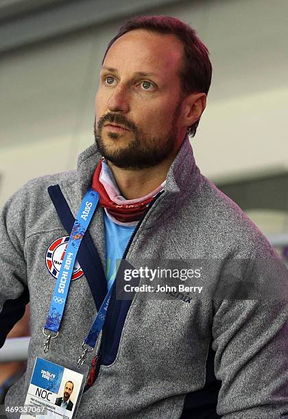Crown Prince Haakon of Norway attends the Men's Ice Hockey Preliminary Round Group B game between Norway and Canada on day 6 of the Sochi 2014 Winter...