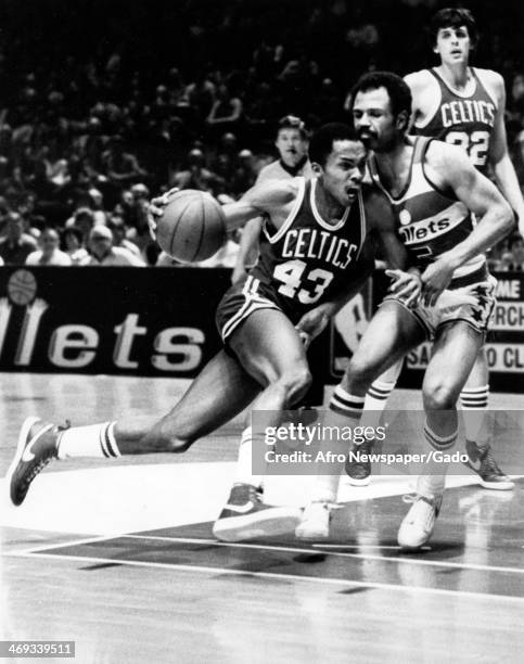 Photograph of a basketball game between the Boston Celtics and the Baltimore Bullets, Washington, DC, 1970.