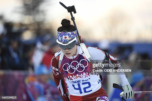 Japan's Yuki Nakajima competes in the Women's Biathlon 15 km Individual at the Laura Cross-Country Ski and Biathlon Center during the Sochi Winter...