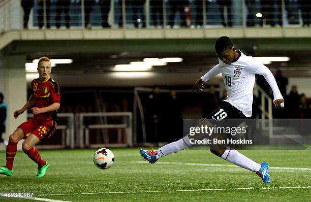 Jahmal Hector Ingram of England scores his team's second goal of the game during a U16 International match between England and Belgium at St Georges...