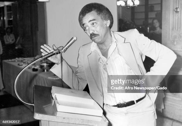 Oscar Brown Jr, stage and screen personality, presenting a dramatic reading at a United Negro College Fund affair, September 29, 1979.
