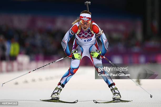 Eva Puskarcikova of the Czech Republic crosses the finish line in the Women's 15 km Individual during day seven of the Sochi 2014 Winter Olympics at...