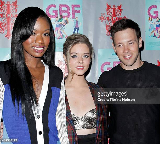 Xosha Roquemore, Sasha Pieterse and Taylor Frey attends the 'G.B.F.' DVD release party at The Abbey on February 13, 2014 in West Hollywood,...