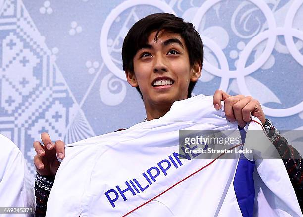 Michael Christian Martinez of the Philippines reacts after he competes during the Figure Skating Men's Free Skating on day seven of the Sochi 2014...