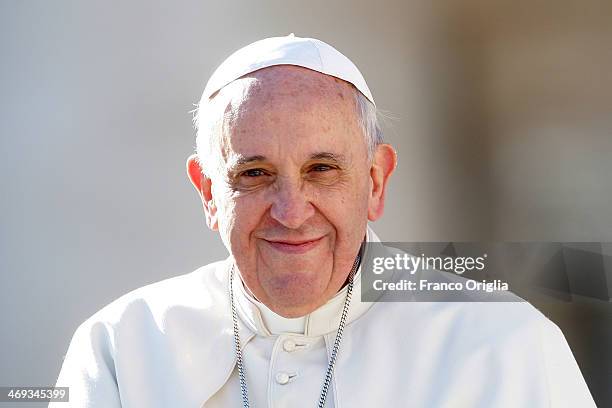Pope Francis attends a meeting with engaged couples from all over the world gathered today, on the feast of St. Valentine, in St. Peter's Square on...