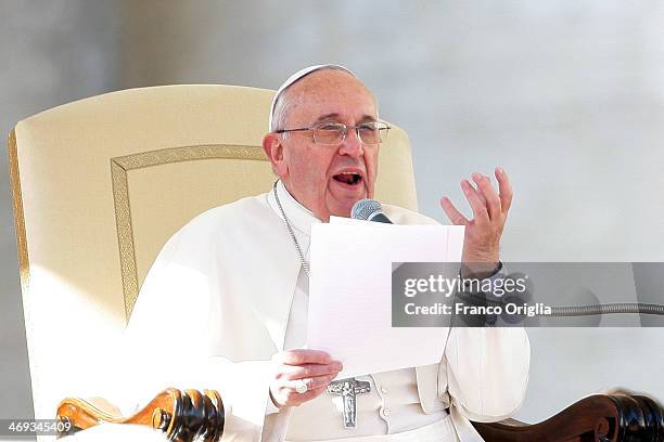 Pope Francis attends a meeting with engaged couples from all over the world gathered today, on the feast of St. Valentine, in St. Peter's Square on...