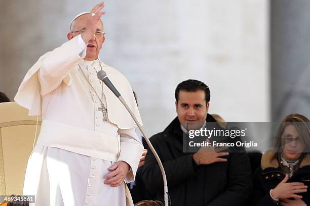 Pope Francis attends a meeting with engaged couples from all over the world gathered today, on the feast of St. Valentine, in St. Peter's Square on...