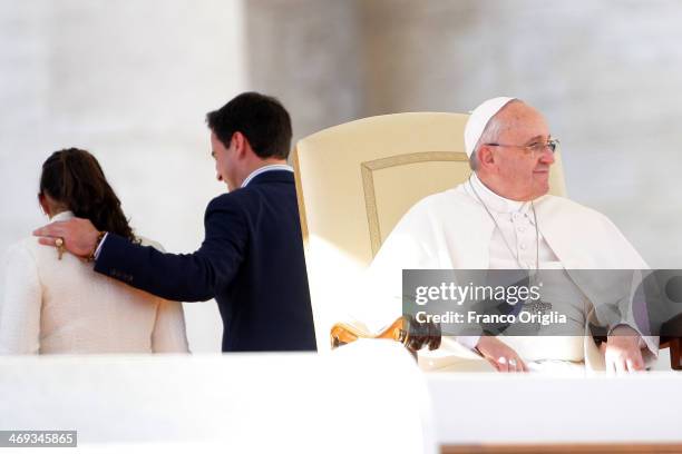 Pope Francis attends a meeting with engaged couples from all over the world gathered today, on the feast of St. Valentine, in St. Peter's Square on...