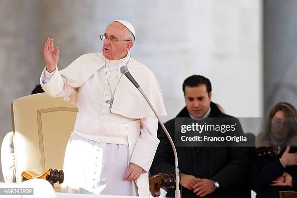 Pope Francis attends a meeting with engaged couples from all over the world gathered today, on the feast of St. Valentine, in St. Peter's Square on...