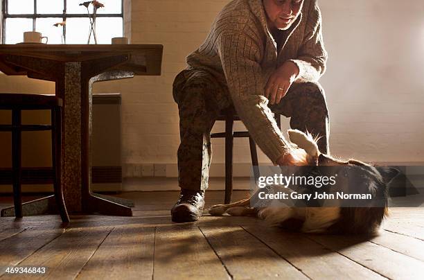 man rubbing dog's belly - inclinar se pose imagens e fotografias de stock