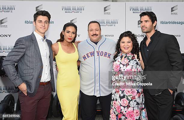 Actors David Henrie, Daniella Alonso, Kevin James, Raini Rodriguez, and Eduardo Verastegui pose for a picutre at the "Paul Blart: Mall Cop 2" New...