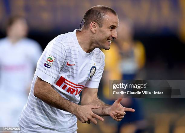 Rodrigo Palacio of FC Internazionale celebrates after scoring the second goal during the Serie A match between Hellas Verona FC and FC Internazionale...