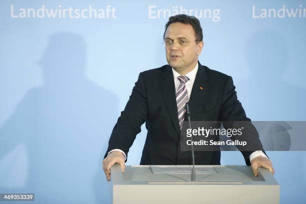 German Agriculture and Consumer Protection Minister Hans-Peter Friedrich announces his resignation to the media on February 14, 2014 in Berlin,...