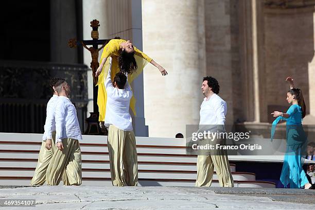 Dancers perform during a meeting of Pope Francis with engaged couples from all over the world gathered today, on the feast of St. Valentine, in St....