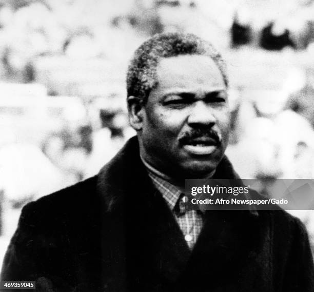 Photograph of Bobby Mitchell, former halfback and flanker for the Washington Redskins and Cleveland Browns, 1980.