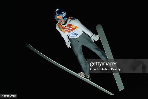 Thomas Diethart of Austria jumps during the Men's Large Hill Individual Qualification on day 7 of the Sochi 2014 Winter Olympics at the RusSki Gorki...