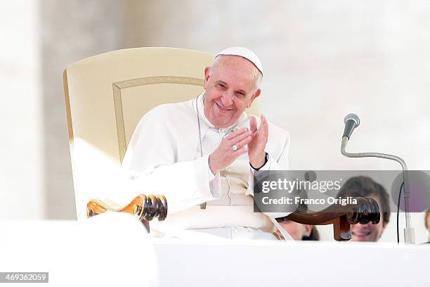 Pope Francis attends a meeting with engaged couples from all over the world gathered today, on the feast of St. Valentine, in St. Peter's Square on...