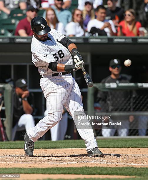 Geovany Soto of the Chicago White Sox hits a solo home run in the 4th inning against the Minnesota Twins at U.S. Cellular Field on April 11, 2015 in...