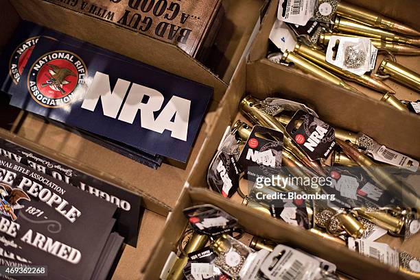 National Rifle Association merchandise sits on display during the 144th NRA Annual Meetings and Exhibits at the Music City Center in Nashville,...