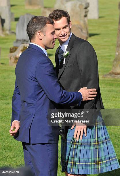 Andy Murray arrives for his marriage to Kim Sears at Dunblane Cathedral on April 11, 2015 in Dunblane, Scotland.