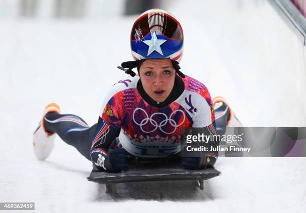 Katie Uhlaender of the United States finishes a run during the Women's Skeleton on Day 7 of the Sochi 2014 Winter Olympics at Sliding Center Sanki on...