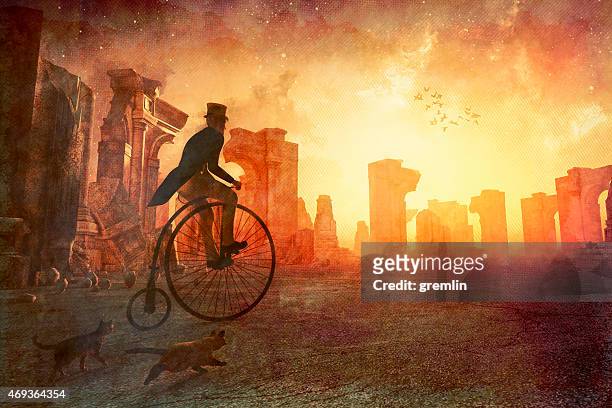 man with retro bicycle riding past ancient ruins - tail coat stock pictures, royalty-free photos & images