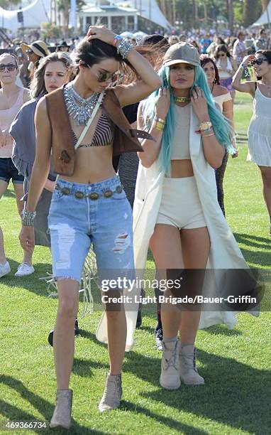 Kendall Jenner and Kylie Jenner is seen at Coachella Valley Music and Arts Festival at The Empire Polo Club on April 10, 2015 in Indio, California.