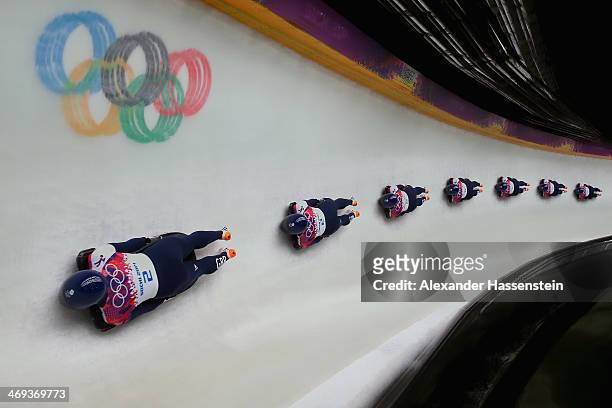 Lizzy Yarnold of Great Britain competes in her final run during the Women's Skeleton on Day 7 of the Sochi 2014 Winter Olympics at Sliding Center...