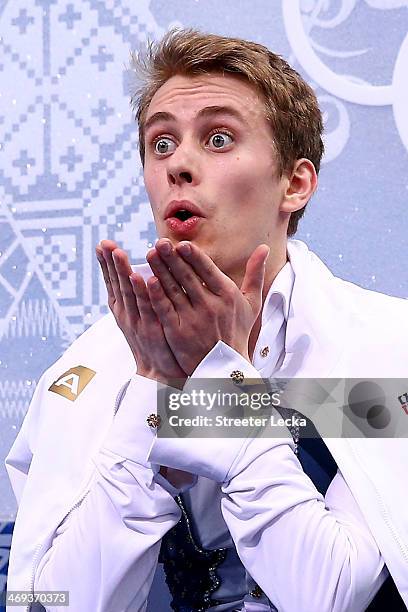 Michal Brezina of the Czech Republic reacts after he competes during the Figure Skating Men's Free Skating on day seven of the Sochi 2014 Winter...