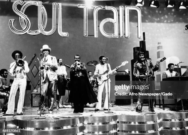 Chuck Brown and the Soul Searchers, a band led by a singer who is called the Godfather of Go go and funk, on stage on the Soul Train television show,...