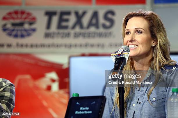 Reality TV personality Korie Robertson of Duck Dynasty speaks with the media at a press conference prior to the NASCAR Sprint Cup Series Duck...