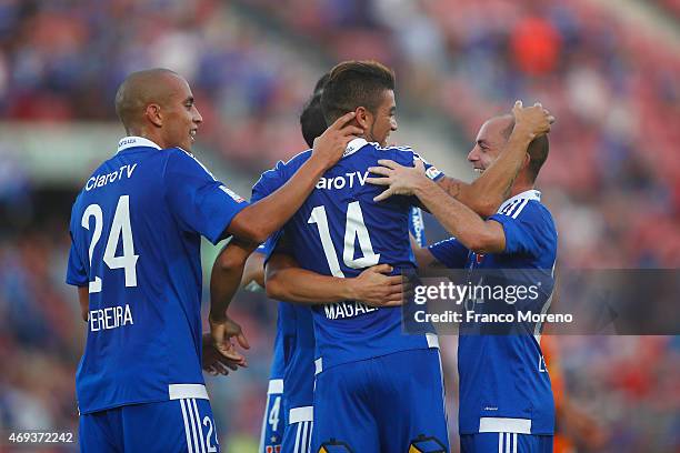 Paulo Magalhaes of Universidad de Chile celebrates with teammates after scoring the second goal of his team during a match between U de Chile and...