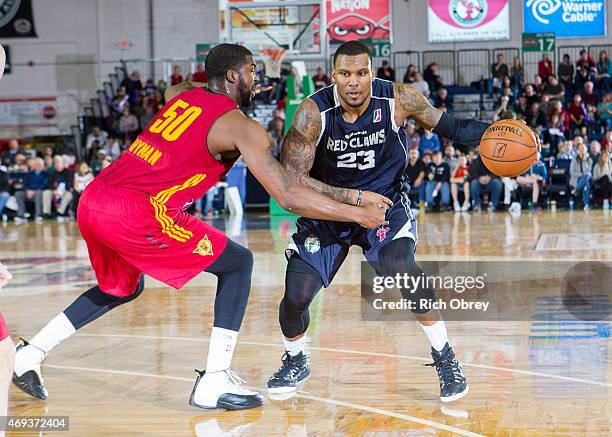 Romero Osby of the Maine Red Claws drives against Travis Hyman of the Fort Wayne Mad Ants during the NBA D-League Playoffs 2015, Game Two on April...