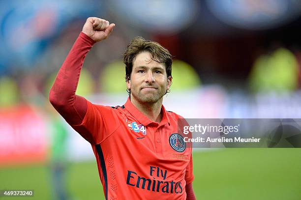 Maxwell of PSG, celebrates their 4-0 victory after the French League Cup Final between Paris Saint-Germain and SC Bastia FC at Stade de France on...