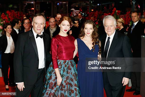 Director Christophe Gans, actress Lea Seydoux, actress Yvonne Catterfeld and actor Andre Dussollier attend the 'La belle et la bete' premiere during...