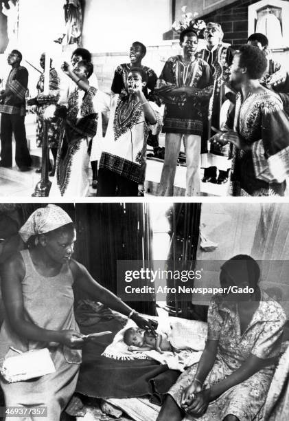 Portrait of the singing group 'The Parking Boys of Nairobi', top, and two women sitting next to a small baby lying on a bed, bottom, promoting NPR's...