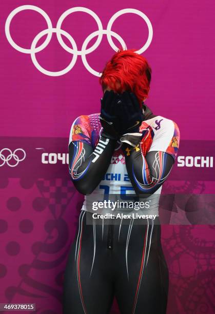 Katie Uhlaender of the United States looks on after competing a run during the Women's Skeleton on Day 7 of the Sochi 2014 Winter Olympics at Sliding...