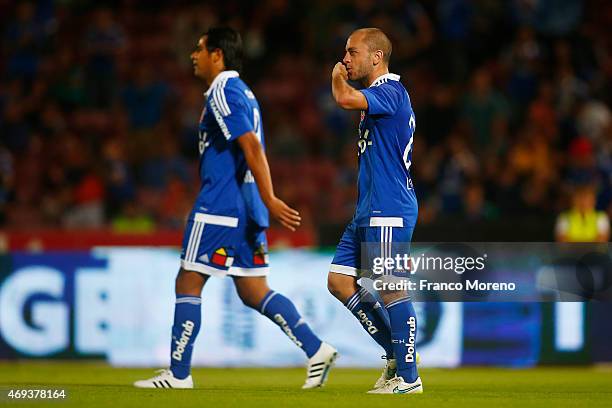 Gustavo Lorenzetti of Universidad de Chile celebrates after scoring the fourth goal of his team during a match between U de Chile and Cobreloa as...