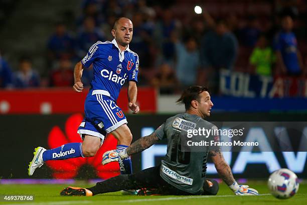 Gustavo Lorenzetti of U de Chile shots to score during a match between U de Chile and Cobreloa as part of fourteenth round of Torneo Scotiabank...