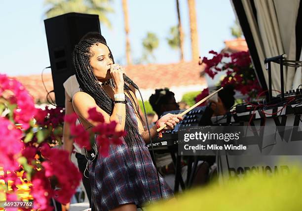 Actress Zoe Kravitz performs during POPSUGAR + SHOPSTYLE'S Cabana Club Pool Parties - Day 1 at the Avalon Hotel on April 11, 2015 in Palm Springs,...