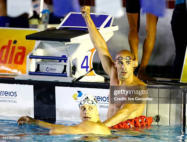 Cesar Cielo and Joao de Lucca after the swimming of the Men's 4x100m medley final on day six of the Maria Lenk Swimming Trophy 2015 at Fluminense...