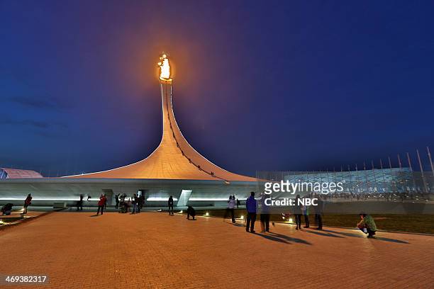 Men's Slopestyle Snowboard Medal Ceremony" -- Pictured: The Olympic Cauldron at night in Olympic Park on February 9, 2014 during the XXII Olympic...