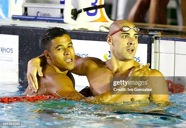 Matheus Santana and Joao de Lucca after competing in the Men's 4x100m medley final on day six of the Maria Lenk Swimming Trophy 2015 at Fluminense...