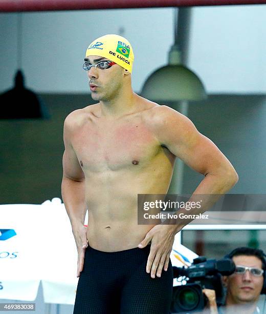 Joao de Lucca prepares to compete in the Men's 100m freestyle finals on day six of the Maria Lenk Swimming Trophy 2015 at Fluminense Club on April...
