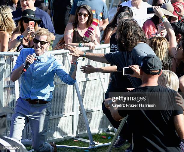 Musician Andrew McMahon of Andrew McMahon in the Wilderness performs in the audience during day 2 of the 2015 Coachella Valley Music & Arts Festival...