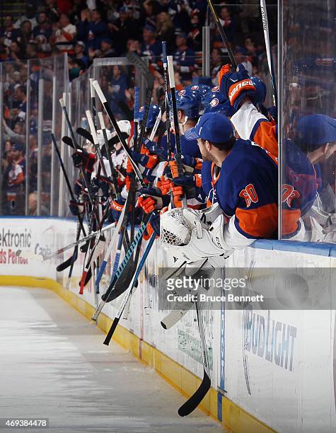 The New York Islanders and the Columbus Blue Jackets salute Dalton Prout and Eric Boulton following their first period fight at the Nassau Veterans...