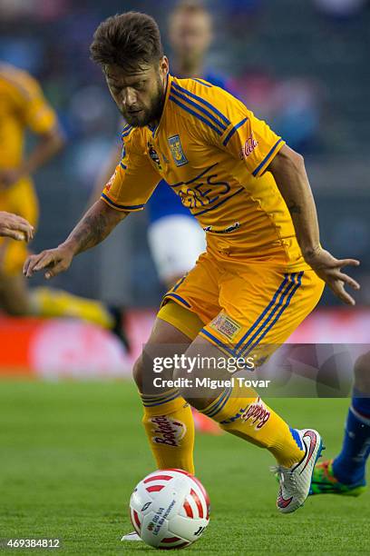 Rafael Sobis of Tigres drives the ball during a match between Cruz Azul and Tigres UANL as part of 13th round Clausura 2015 Liga MX at Azul Stadium...