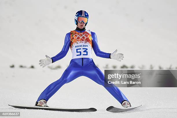 Thomas Diethart of Austria finishes a jump during the Men's Large Hill Individual Qualification on day 7 of the Sochi 2014 Winter Olympics at the...