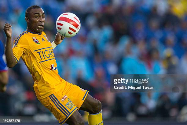 Joffre Guerron of Tigres controls the ball during a match between Cruz Azul and Tigres UANL as part of 13th round Clausura 2015 Liga MX at Azul...