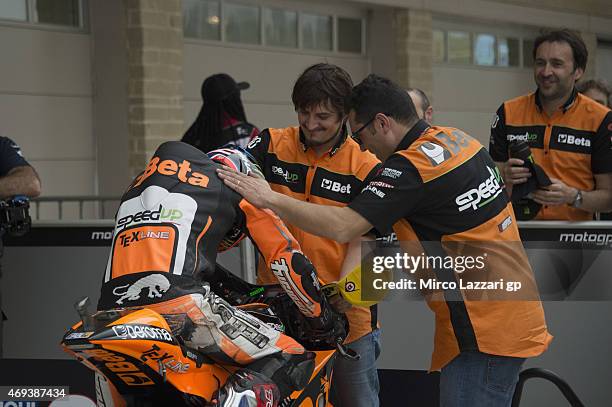 Sam Lowes of Great Britain and Speed Up celebrates with team at the end of the MotoGp Red Bull U.S. Grand Prix of The Americas - Qualifying at...